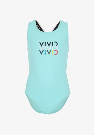 Hellblauer Einteiler-Badeanzug aus glattem Material mit einem schwarzen und bunten "VIVID"-Logo auf der Vorderseite. Klassischer Schnitt mit einer zurückhaltenden Halslinie.