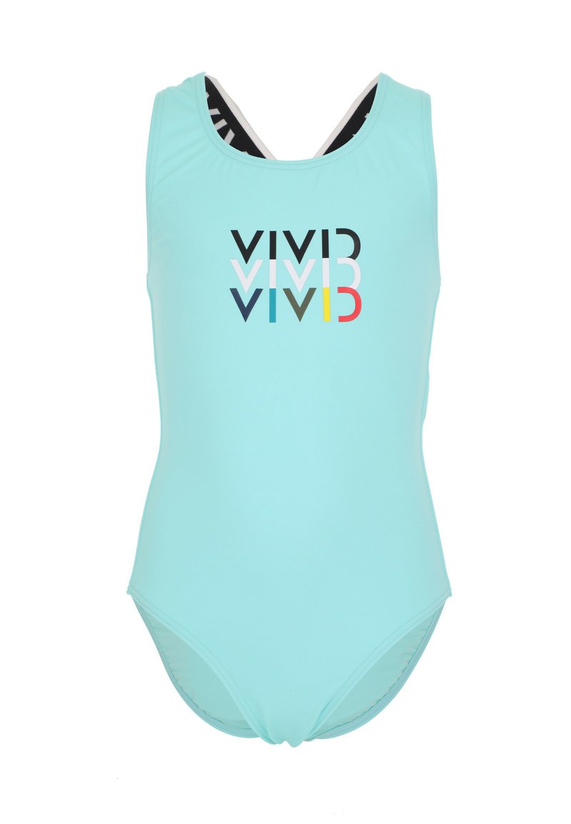 Hellblauer Einteiler-Badeanzug aus glattem Material mit einem schwarzen und bunten "VIVID"-Logo auf der Vorderseite. Klassischer Schnitt mit einer zurückhaltenden Halslinie.