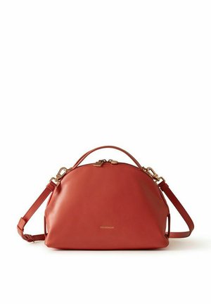 Red leather handbag with top handle, adjustable shoulder strap, gold-tone hardware, and branded zipper closure.