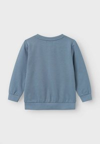 Felpa blu in cotone morbido con maniche lunghe, polsini e orlo a coste. Tessuto liscio e design semplice, senza ulteriori motivi o dettagli.