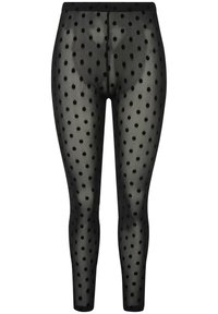 Schwarze Leggings mit Polka-Dots aus durchsichtigem Material, mit elastischem Bund und einer eng anliegenden, schmal zulaufenden Passform. Die Polka-Dots sind gleichmäßig verteilt.