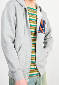 Felpa grigia con zip, dotata di cordoncini e tasche frontali, con un vivace logo "N". Sotto, una maglietta a righe con collo rotondo nei colori verde, marrone e blu.