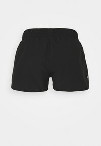 Sorte atletikshorts med elastisk taljebånd, lige kant og lille reflekterende logo på venstre side, vist på ensfarvet baggrund.