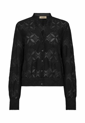Black lace cardigan featuring intricate floral pattern, long sleeves, and a round neckline with a scalloped trim. Button closure at front.