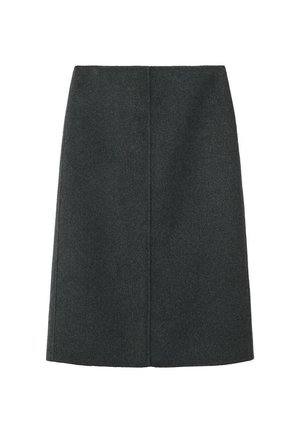 Gonna grigia a lunghezza ginocchio realizzata in tessuto misto lana. Forma a trapezio con una texture liscia e una cucitura centrale sul retro, senza chiusure visibili.