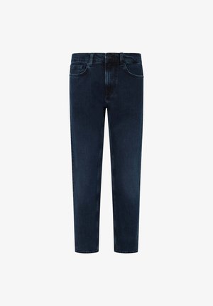 Donkerblauwe spijkerbroek met een rechte snit, voorzien van een knoop- en ritssluiting, vijf zakken en een lichte vervaging aan de voorkant.