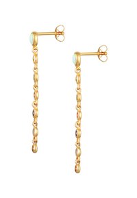 Guldhängande örhängen med en linjär kedjedesign och en iriserande sten högst upp samt färgglada ädelstenar länkade längs kedjan.