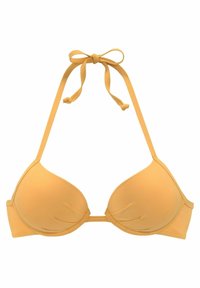 Gelber, gepolsterter Bikini-Oberteil mit verstellbaren Bindeträgen. Glatte Textur, dreieckige Cups und Nähte sorgen für strukturelle Unterstützung. Keine zusätzlichen Muster.