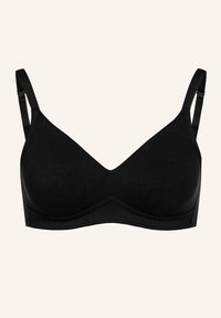 Soutien-gorge noir sans fil avec une texture lisse, des bonnets triangulaires et des bretelles réglables. Présente un design sans coutures et un minimum de matériel.