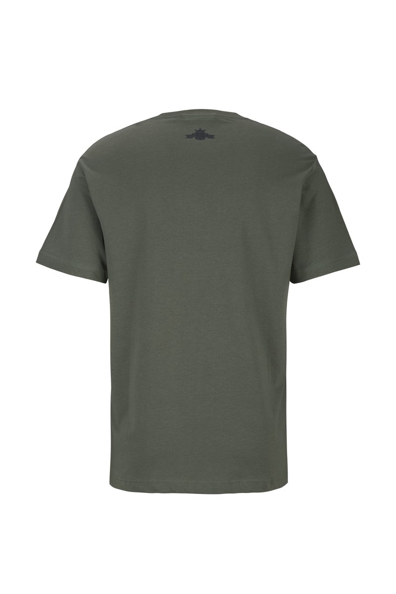 T-shirt verde oliva a maniche corte in cotone, con collo rotondo e una stampa logo discreta sulla parte superiore della schiena. Tessuto liscio.