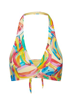 Top bikini z fasonem owinięcia, wykonany z lekkiego materiału z żółtą bazą i kolorowymi wzorami bananów oraz abstrakcyjnymi. Zawiązywany z tyłu.