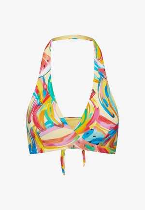 Top bikini z fasonem owinięcia, wykonany z lekkiego materiału z żółtą bazą i kolorowymi wzorami bananów oraz abstrakcyjnymi. Zawiązywany z tyłu.