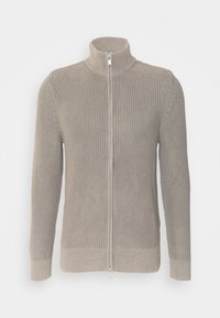 Beige zip-up tröja i texturerad stickning, hög krage och långa ärmar. Har ribbade muddar och nederkant. Slät dragkedja med metallisk finish.