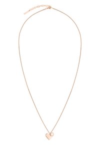 Roze gouden halsketting met een delicate ketting en een klein hartje als hanger. De hanger heeft een glad oppervlak en een cirkelvormige accent nabij het hart.