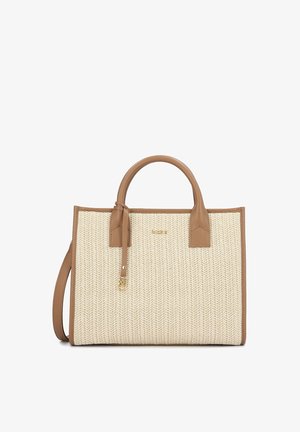 Beige woven straw handbag with tan leather accents, sturdy double handles, and a detachable shoulder strap; features subtle gold logo detail.