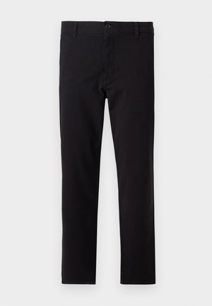 Pantalons en mélange de coton noir avec une coupe droite, fermeture à un bouton et passants de ceinture. Texture lisse, sans motifs visibles.