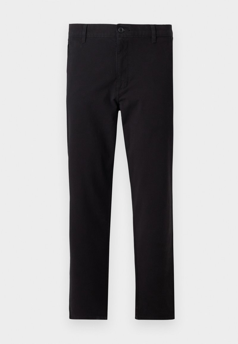 Pantalons en mélange de coton noir avec une coupe droite, fermeture à un bouton et passants de ceinture. Texture lisse, sans motifs visibles.