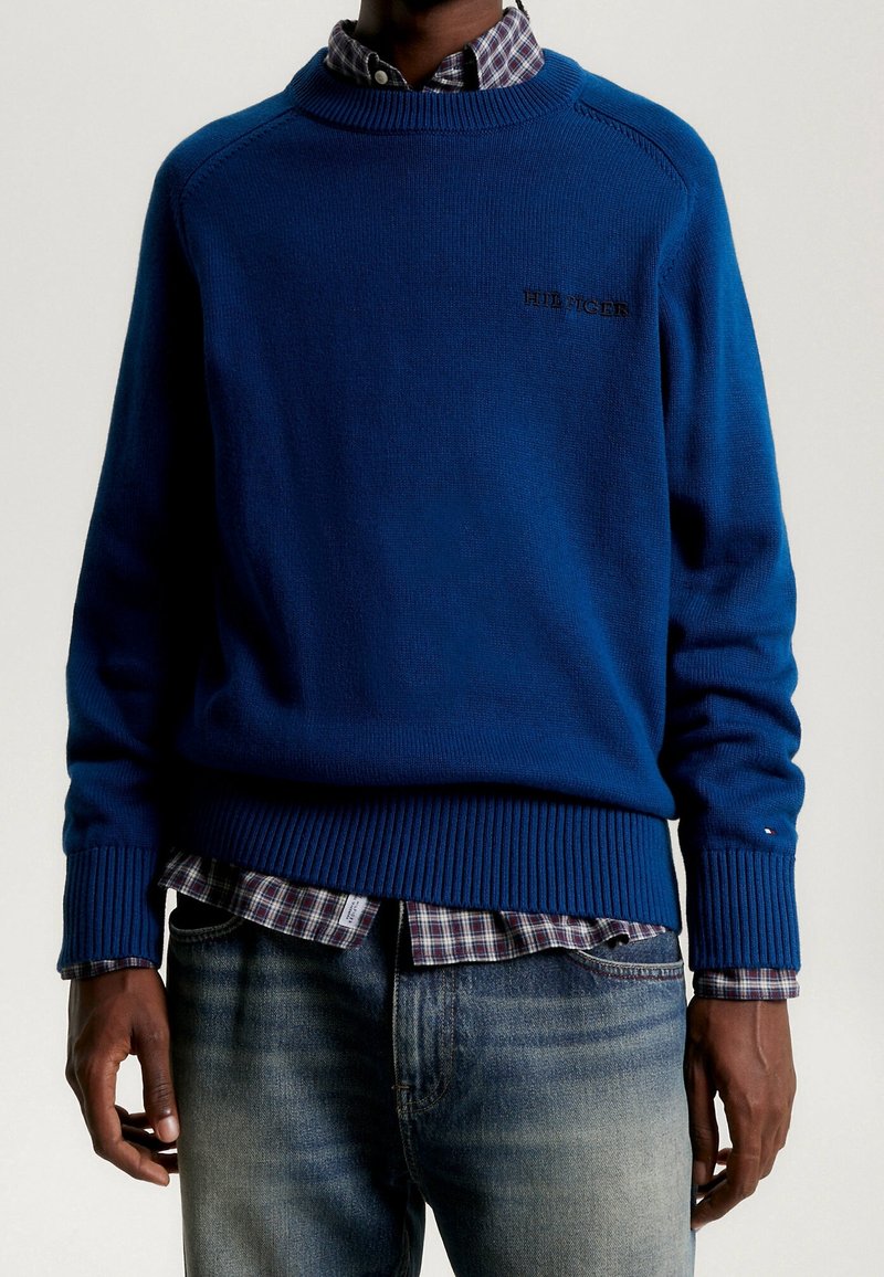 Personne portant un pull en tricot bleu par-dessus une chemise à carreaux avec un jean bleu, debout devant un fond clair uni.