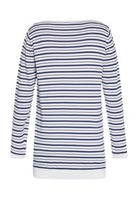 Maglietta a maniche lunghe con un motivo a righe bianche e blu navy, scollatura rotonda e polsini e orlo a costine. Realizzata in tessuto morbido ed elastico.