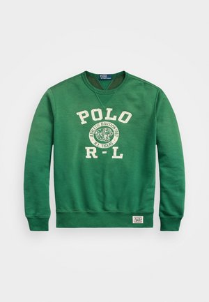 Sweat-shirt vert à manches longues avec le texte "POLO R.L." et un logo tigre au centre, col rond et un petit patch de la marque près de l'ourlet.