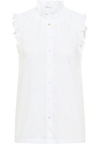 Blusa blanca sin mangas con cuello volante y costuras en los hombros, con un cierre frontal de botones y botones transparentes, y una textura suave.