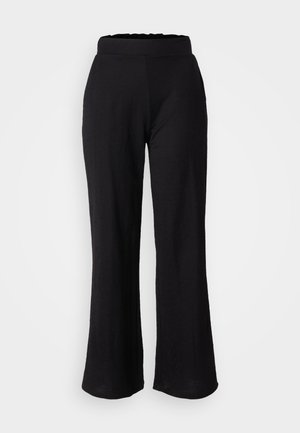 Zwarte wijde broek met een hoge, geplooide tailleband. Gemaakt van lichte stof, met een zachte textuur en een enkel lengte ontwerp.