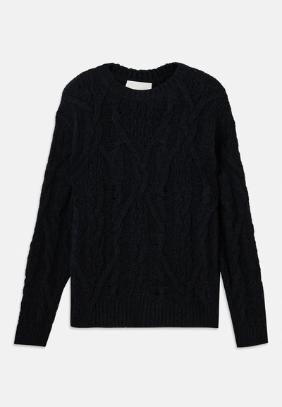 Dark navy cable knit sweater featuring a crew neckline, textured pattern, and ribbed hem and cuffs.  Crafted from a thick textile material.