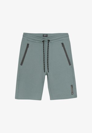 Grågrønne shorts lavet af blødt stof med elastisk talje, justerbare snore og to lynlåslommer på siden.