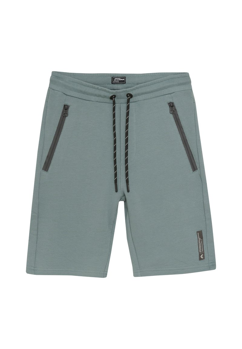 Grågröna shorts i mjukt tyg med elastisk midja, justerbara snoddar och två fickor med dragkedja på sidan.