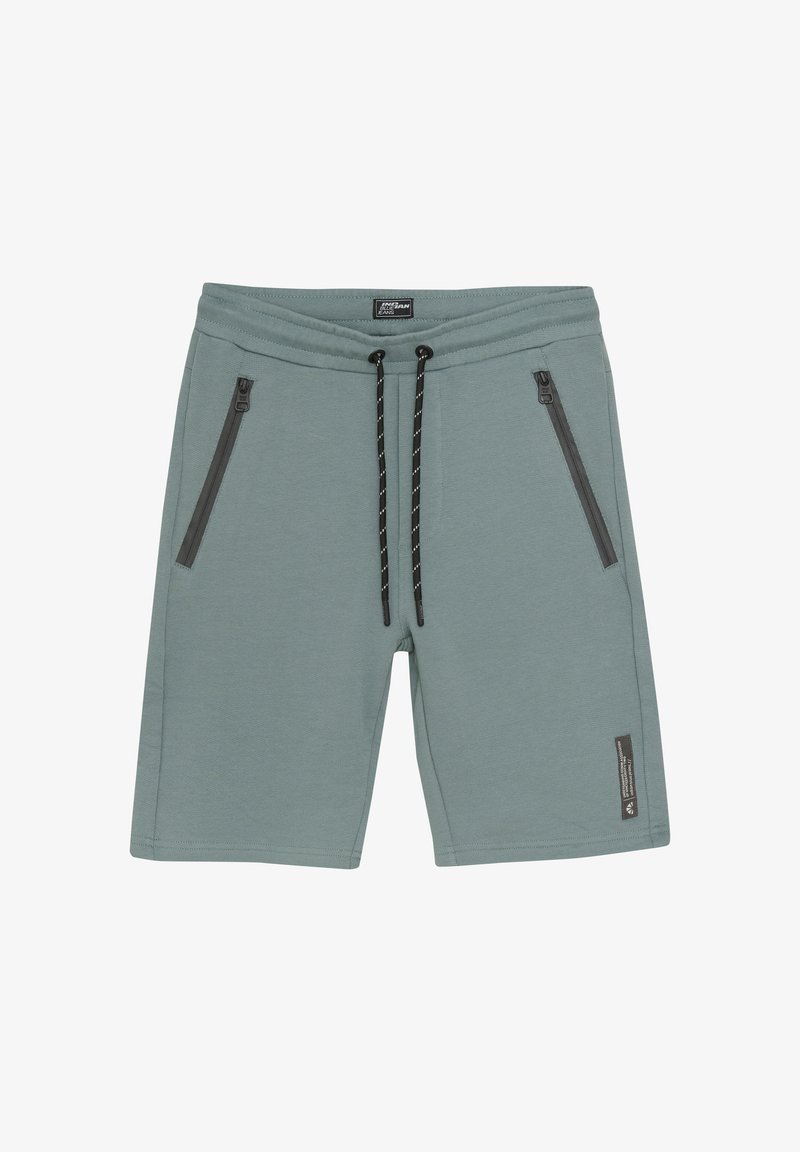 Grau-grüne Shorts aus weichem Stoff mit einem elastischen Bund, verstellbaren Kordeln und zwei seitlichen Reißverschlusstaschen.