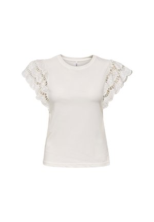 Top blanco de manga corta con escote redondo y mangas de volantes de encaje con borde ondulado que presentan un patrón recortado floral.