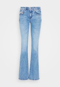 Ljusblå utsvängda jeans i denim, med traditionella fickor, en klassisk femficksdesign och avslutade nederkanter med liten frans.