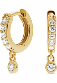 Guldörhängen med en rad av klara kristaller och en hängande ädelsten längst ner. Slät, glänsande yta och cirkulär form.