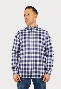 Checkered button-up shirt in white, navy, and light blue. Features a collar, long sleeves, and front buttons. Worn with blue jeans.