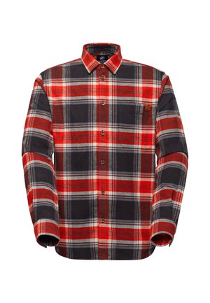 Camicia di flanella a quadri rossi e neri con dettagli grigi, design con bottoni, maniche lunghe e una tasca sul petto con una piccola etichetta.