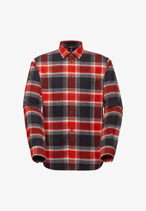 Rot-schwarz karierte Flanellhemd mit grauen Akzenten, knöpfbares Design, lange Ärmel und einer einzelnen Brusttasche mit einem kleinen Logo-Patch.