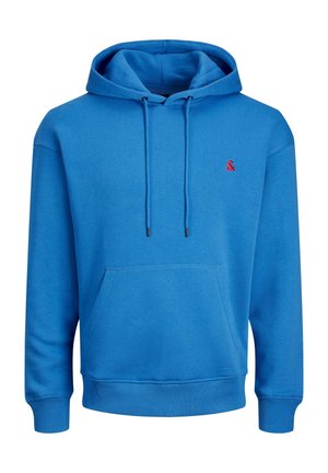 Haut à capuche bleu en mélange de coton doux, doté d'une poche kangourou, de poignets côtelés et d'un petit logo rouge sur la poitrine.