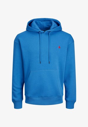 Felpa blu realizzata in morbido misto cotone, con tasca a marsupio, polsini a costine e un piccolo logo rosso sul petto.