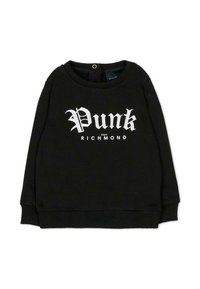 Zwarte sweatshirt met lange mouwen, ronde hals, geribde manchetten en zoom. Voorzijde heeft witte tekst "Punk" en daaronder "JOHN RICHMOND".