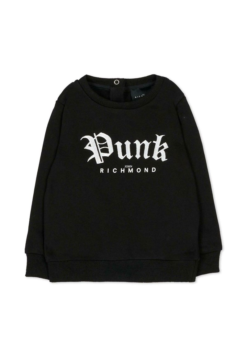 Zwarte sweatshirt met lange mouwen, ronde hals, geribde manchetten en zoom. Voorzijde heeft witte tekst "Punk" en daaronder "JOHN RICHMOND".