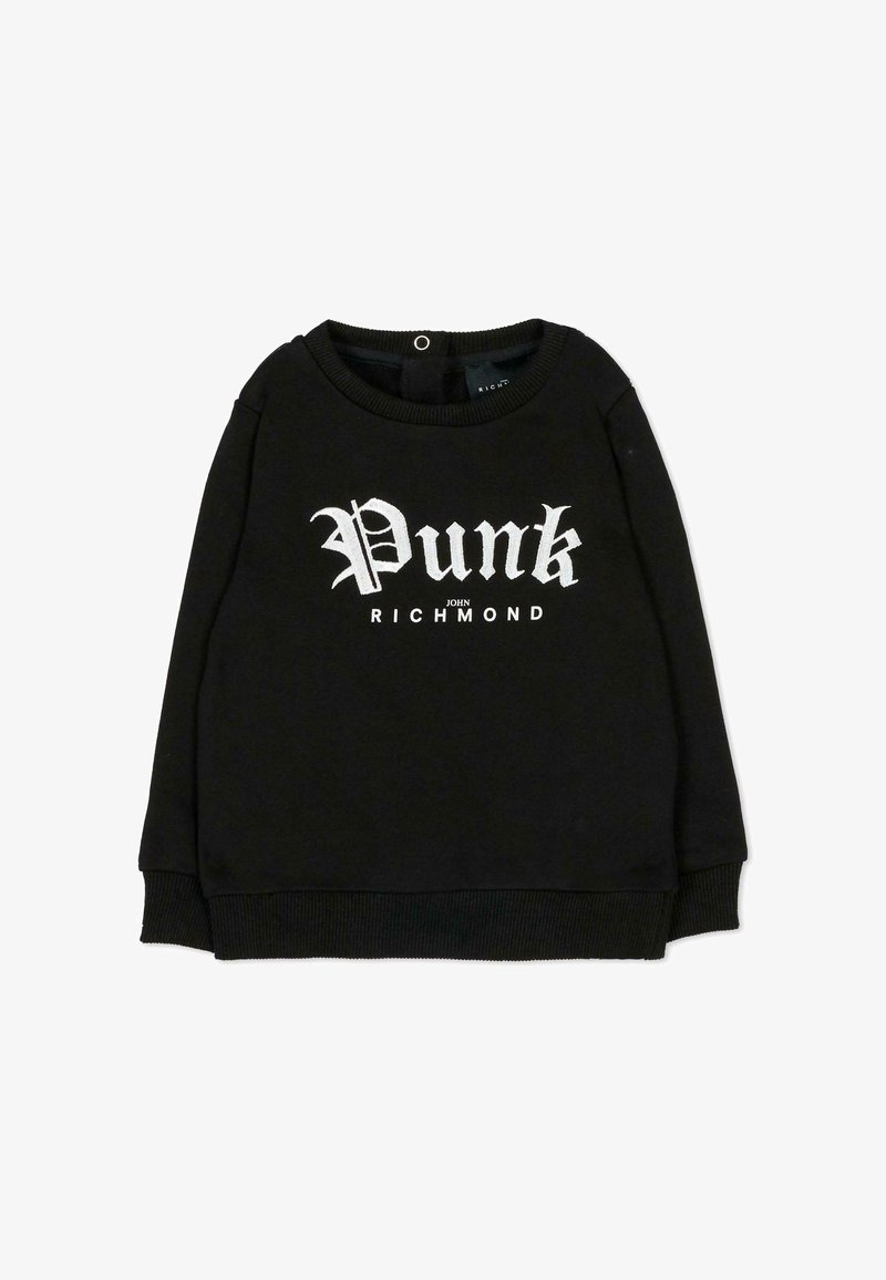 Zwarte sweatshirt met lange mouwen, ronde hals, geribde manchetten en zoom. Voorzijde heeft witte tekst "Punk" en daaronder "JOHN RICHMOND".