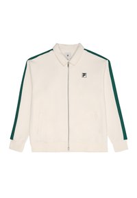Chaqueta blanca con cremallera y franjas laterales verdes, textura suave, cuello y dos bolsillos frontales. Presenta un logo en la parte izquierda del pecho.