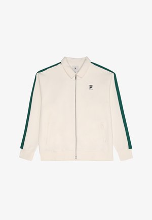 Witte zipjack met groene zijstrepen, zachte textuur, kraag en twee voorzakken. Bevat een logo op het linker borstgebied.