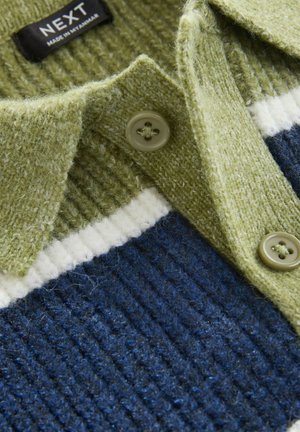 Sweter dzianinowy z zielonym kołnierzykiem, granatowym korpusem i białym paskiem. Teksturowany materiał z guzikami przy kołnierzyku dodaje szczegółów.