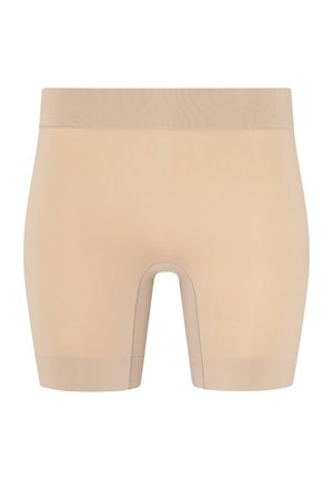 Seamless beige boxer briefs with a wide waistband and mid-thigh length, designed for comfort and support.