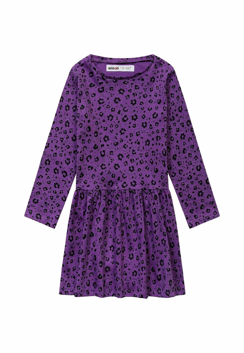 Abito lungo a maniche lunghe di colore viola con motivo in stampa leopardata nera, scollo rotondo e dettagli di gonna arricciata.