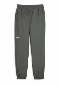Szare spodnie sportowe z lekkiego materiału, z elastycznym pasem i ściągaczami na kostkach. Mały detal z logo z boku.