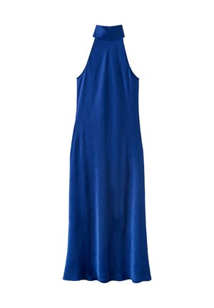 Longue robe sans manches bleu roi avec un col montant et un léger évasement à l'ourlet, présentée sur fond blanc.
