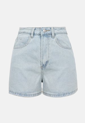 Shorts di jeans a vita alta azzurri chiaro con bottone frontale, cerniera e due tasche anteriori su sfondo semplice.