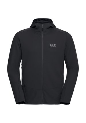 Schwarze Reißverschlussjacke aus strukturiertem Material, mit Kapuze, Akzenten auf den oberen Schultern, Seitentaschen und einem Logo auf der Brust.